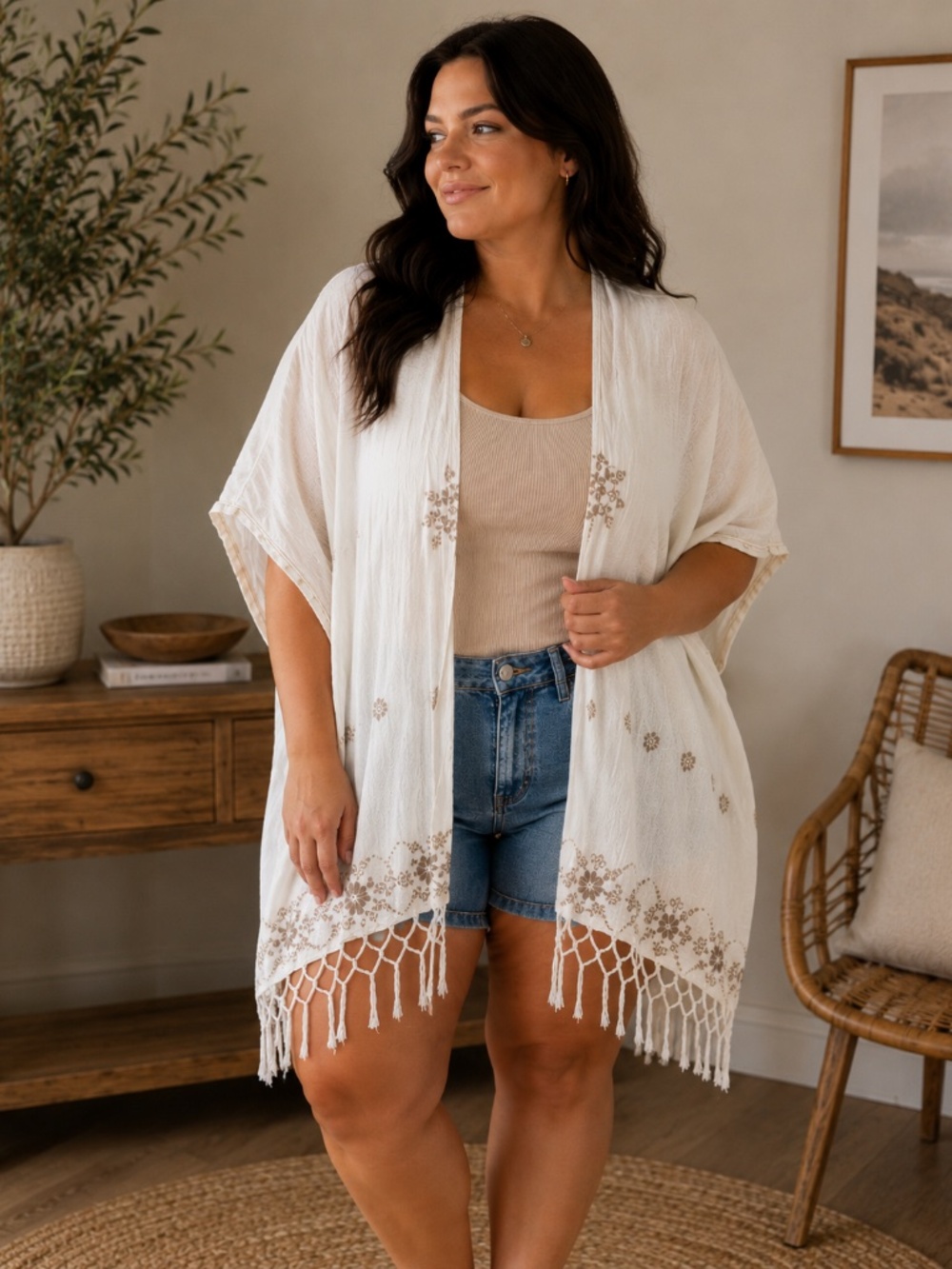 Roots Cotton Lightweight Embroidered Shawl O/S